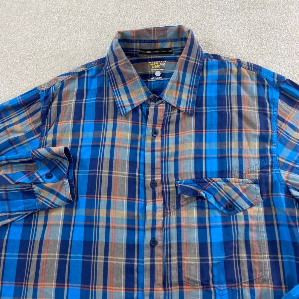 Mountain Hardwear Shirt Mens L Blue Plaid Organic Cotton OM4249 Long Sleeve